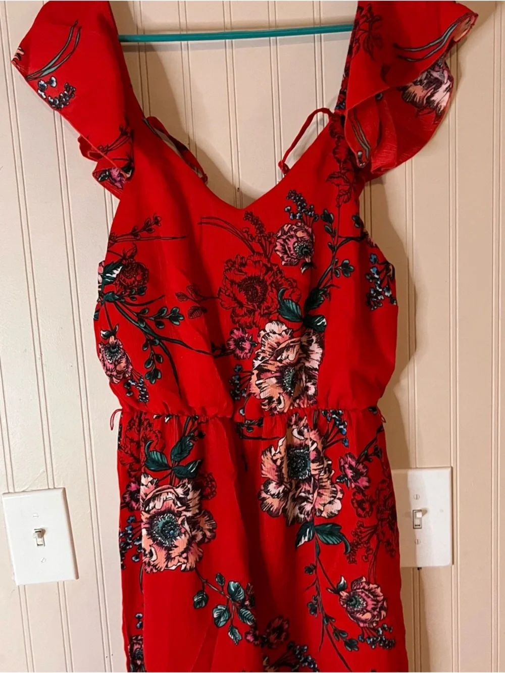 bailey blue Red Floral Ruffle-Sleeve Jumpsuit - Picture 3 of 6